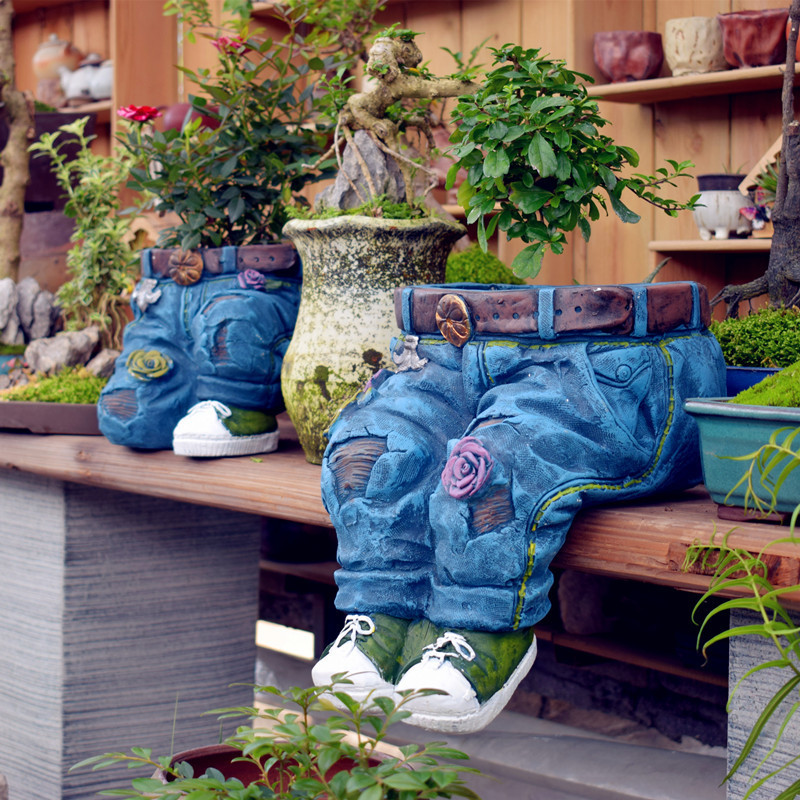 Resin Artist - 樹脂製ガーデンデニム植木鉢 屋外用 家庭装飾 芸術的で創造的な装飾品 中庭芸術工芸品