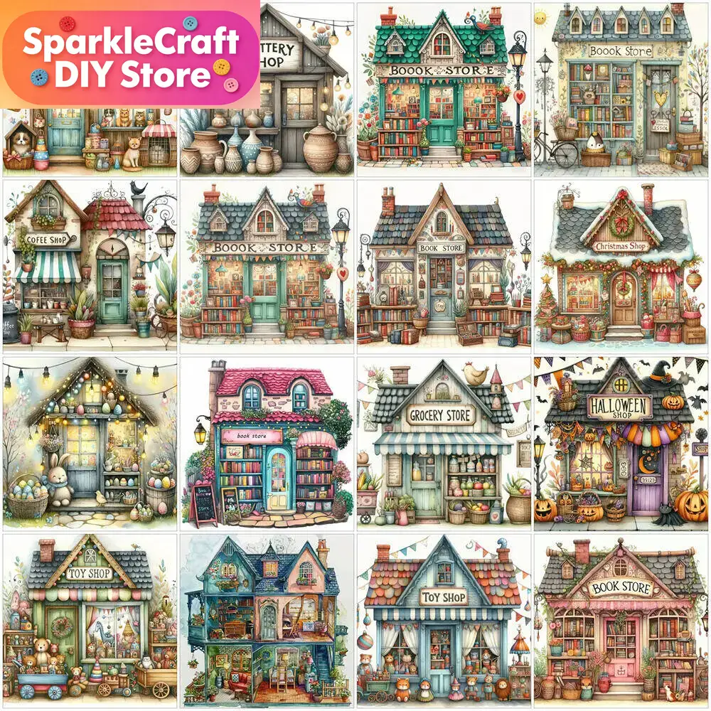 Resin Art Wall - 1ピース フレームレス 5D ダイヤモンドペインティング ストアハウス風景 DIY