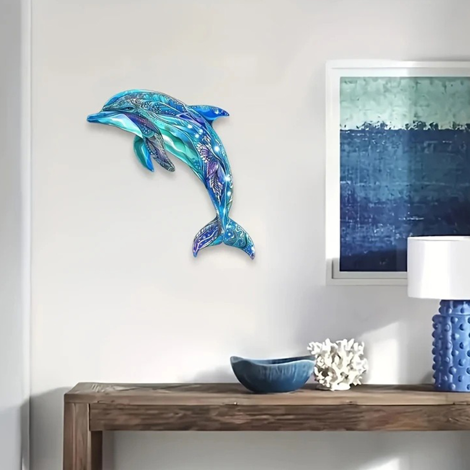 イルカの金属製壁飾り明るい青色の海の動物の吊り下げ装飾品ウォ - Resin Art Hanging のレビューと価格