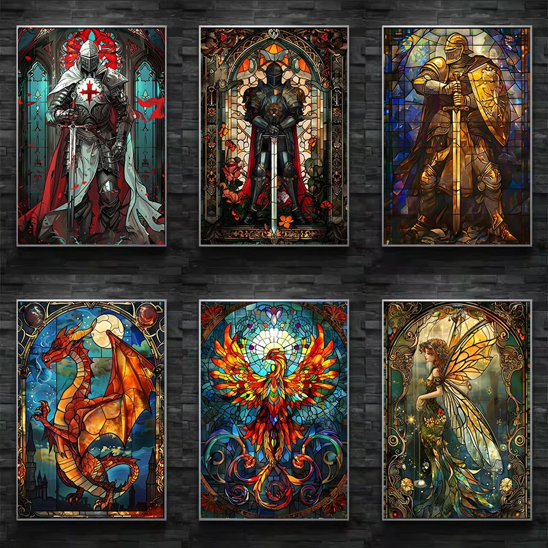 ファンタジーステンドグラスポスタープリントゴールデンナイトス - Resin Art Wall のレビューと価格