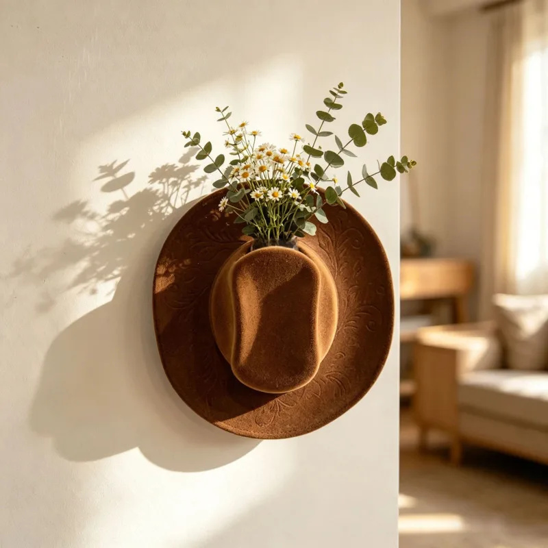 フェイクデニムハット壁掛け花瓶ホルダー装飾樹脂彫刻ハンギング - Resin Art Hanging のレビューと価格