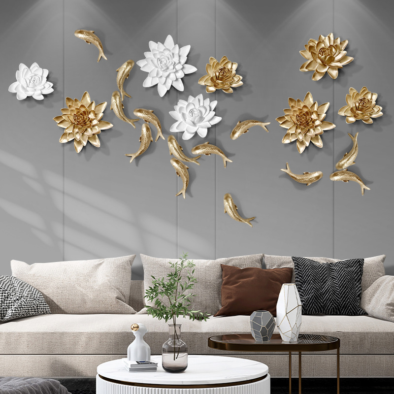 中国風水ジンリ黄金鯉魚樹脂製壁飾り幸運の魚と花の置物壁掛けア - Resin Art Hanging のレビューと価格
